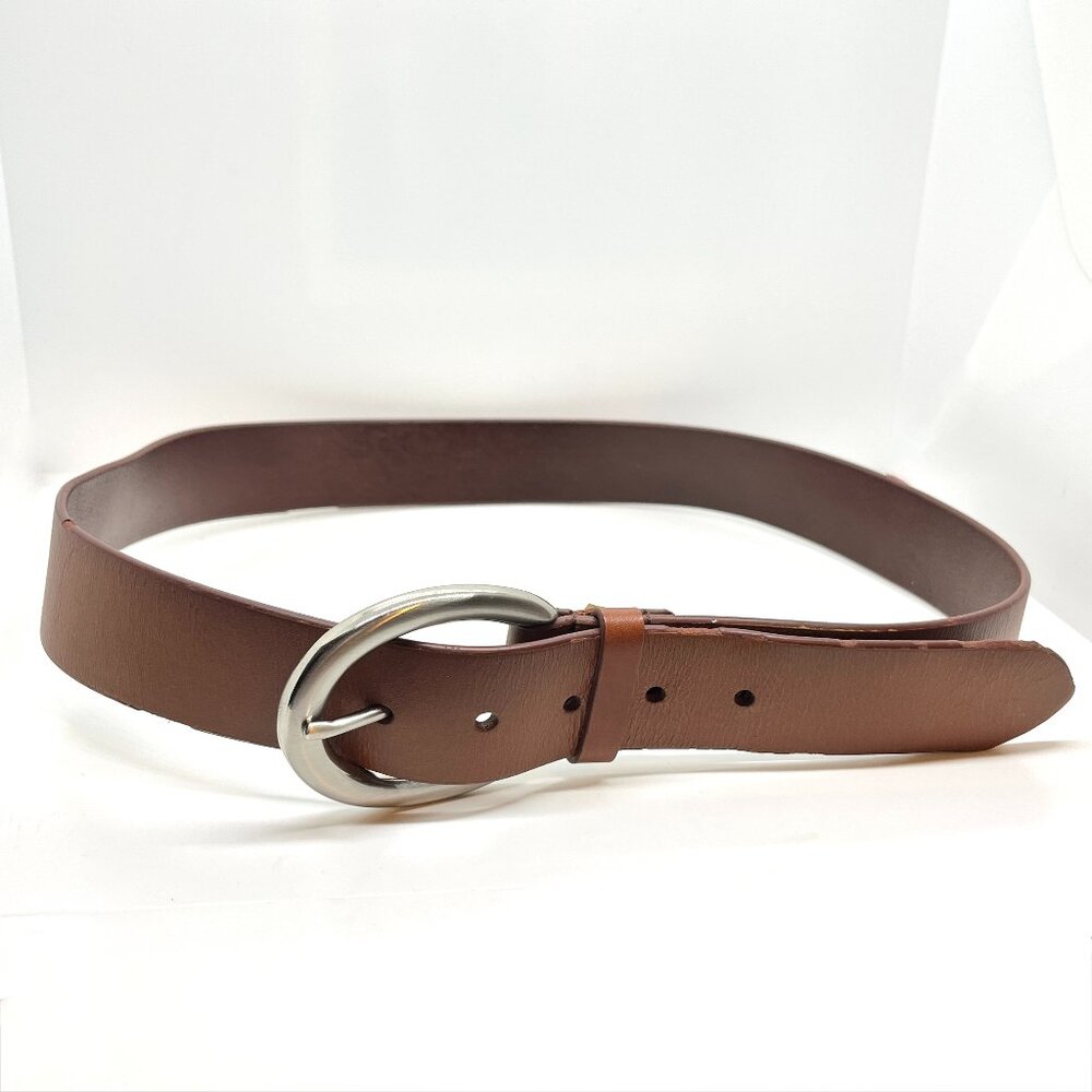 VINTAGE TALBOTS Brown Leather Belt Silver Oval Buckle Size LARGE USA Patina